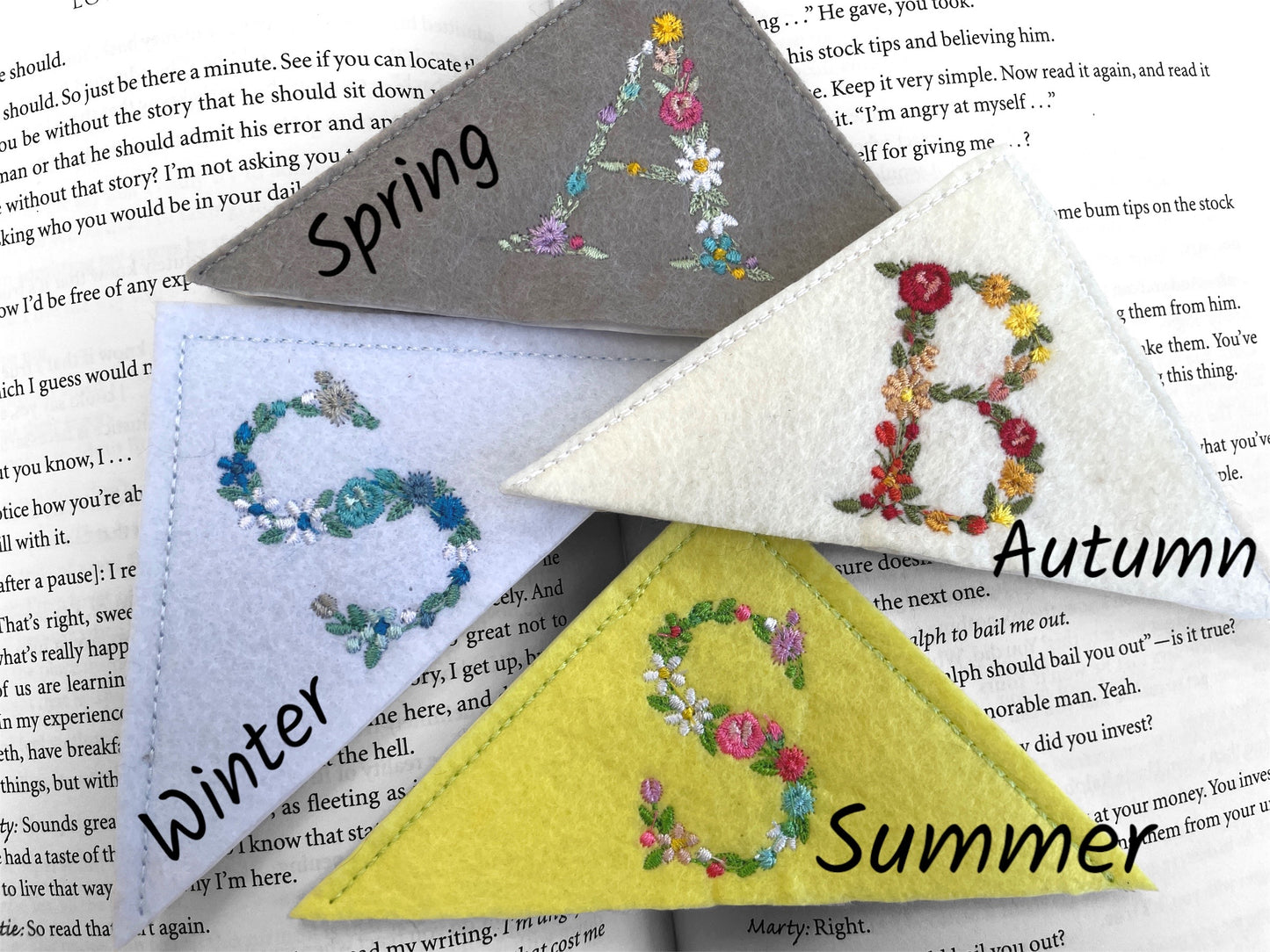 initial bookmarks, seasonal corner bookmarks, felt corner bookmarks