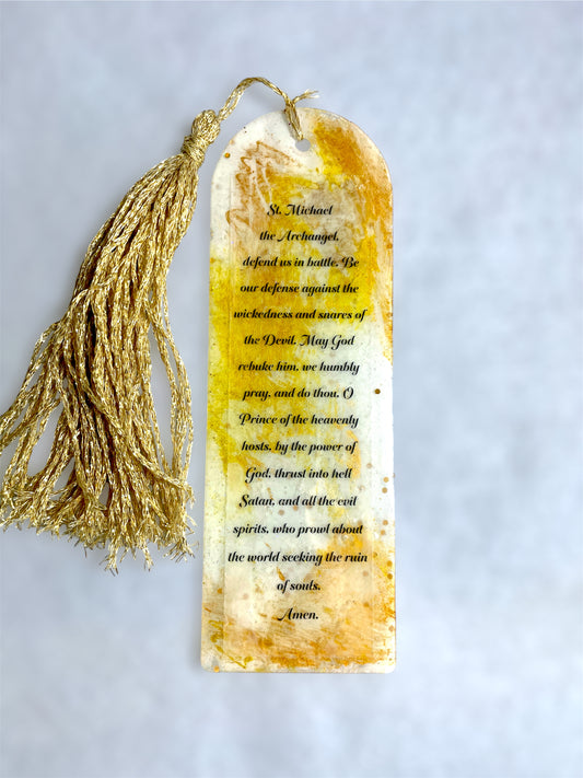 St Michael bookmark front handmade gold plastic